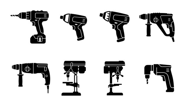 Drill Icons Set: Power Tools, Cordless, Rotary, Hammer, Bench Drills, Construction Equipment