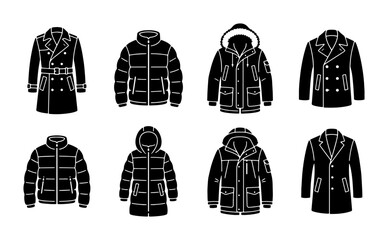 Winter Coats Collection, Puffer Jackets, Parkas, Stylish Outerwear Vector Icons Set © Riya