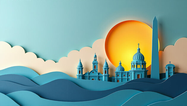 Paper cut style illustration of Buenos Aires landmarks. Argentina independence day concept with obelisk and sun. Layered papercraft background