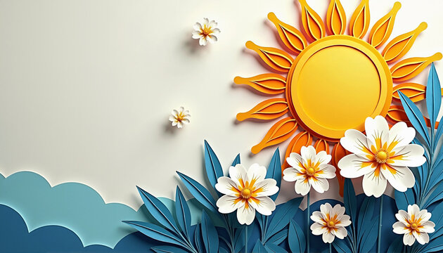Paper cut style floral background with white flowers and yellow sun. Argentina independence day concept with copy space. Layered papercraft illustration