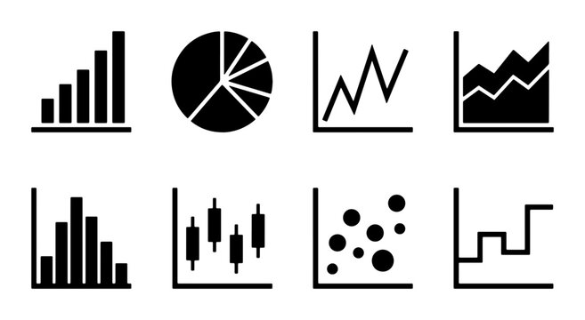 Set of 8 Black Vector Icons: Bar, Pie, Line, Candlestick, Scatter Charts for Data Analysis