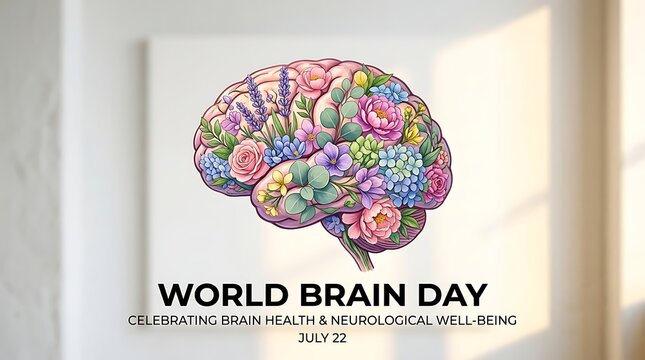 World Brain Day Banner with Floral Illustrated Brain Graphic Design on Blurred White Wall Background