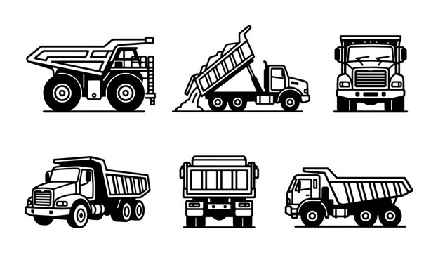 Heavy Duty Dump Truck Vector Icons Set: Construction Haulage, Mining Vehicles, Industrial Transport