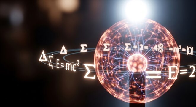 Glowing Plasma Sphere Displaying Mathematical Formulas in Dark Laboratory Setting