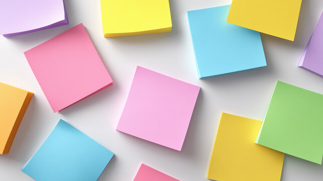 Pastel sticky notes flat lay background with pink, blue and yellow post-its, 분홍, 파랑, 노란색 포스트잇이 조화를 이룬 파스텔 톤 스티커 메모지 플랫레이 배경