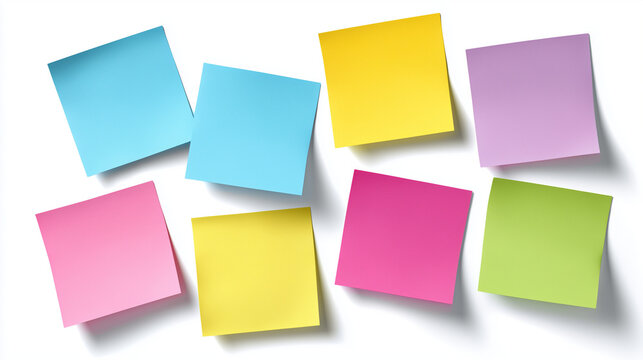Colorful sticky notes flat lay background with yellow, blue, pink and purple post-its, 노랑, 파랑, 핑크, 보라색 포스트잇이 있는 화려한 스티커 메모지 플랫레이 배경