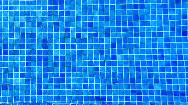 Ripples on water in sunlight over bright blue tile mosaic bottom at swimming pool