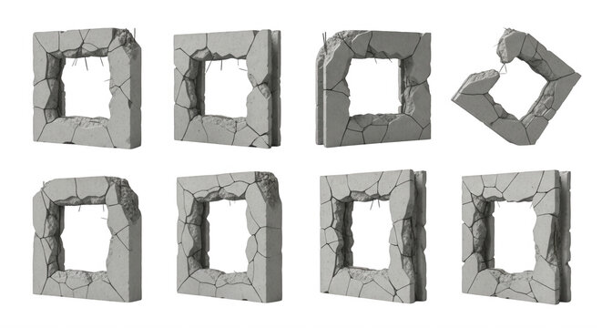 concrete square frame parts disintegrating various views white background for destruction or deconstruction concept