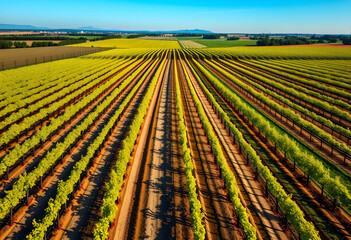 Fototapeta premium aerial view of vineyard rows in bright sunlight