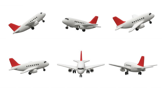 animated cartoon airplanes in six different poses take off flying landing for use in travel marketing or aviation illustration