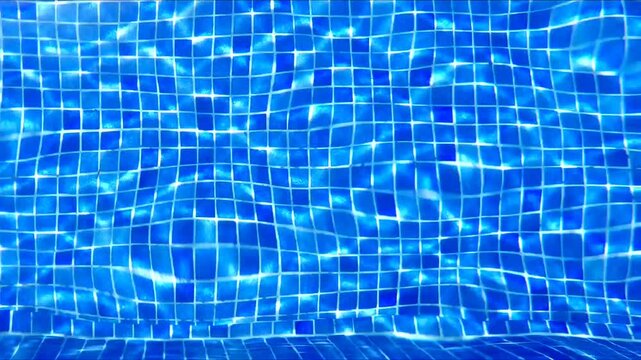 Ripples on water in sunlight over bright blue tile mosaic bottom at swimming pool