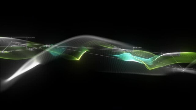 4K 60 FPS Abstract Cyan Green Digital Particle Wave Background Animation, Futuristic Data Mesh with Glowing AI Technology Lines