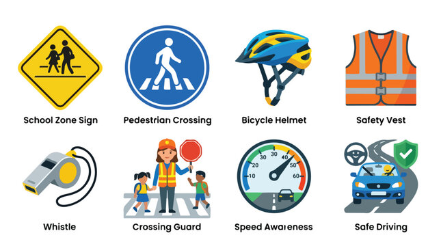 Set of road safety icons including school zone sign and crossing guard.