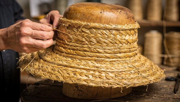 Artisan shaping golden raffia braids on a wooden block skillfully molding the hats form while showcasing the natural fibers vibrant texture and durability.