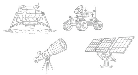 Space exploration equipment line art icons © Supriyadi