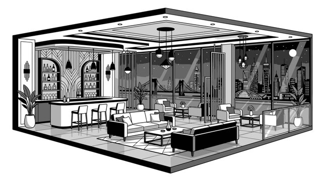 Modern lounge interior with bar and city view illustration
