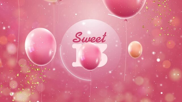 Sweet 13 Birthday Greeting Text Surrounded by Flying Pink Balloons and Golden Confetti
