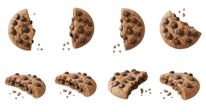chocolate chip cookies being eaten against a white backdrop bite marks for food blog content or advertising