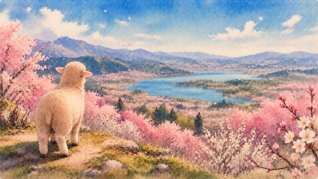 春の絶景を眺める羊 水彩風イラスト