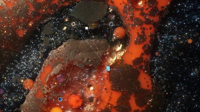 4K Abstract Orange Black Liquid Background Animation, Futuristic AI Data Network with Flowing Fluid Texture for Motion Graphics
