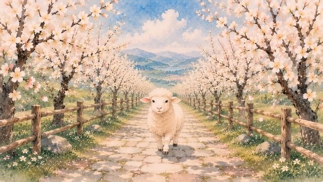 梅並木を歩く羊 春の水彩イラスト