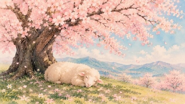 桜の木の下で眠る羊 水彩風イラスト