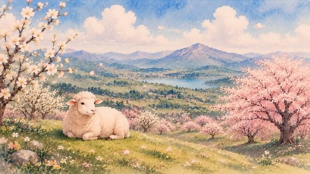 春の丘でくつろぐ羊 水彩風景イラスト