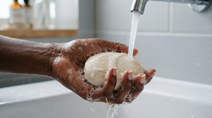 Fototapeta premium Close up of Black person's hands washing with bar soap and running water in a modern bathroom sink, emphasizing hygiene and self care