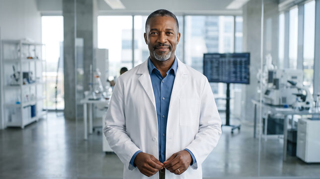 Experienced Black Scientist in Lab Coat Smiling Confidently in Modern Research Facility