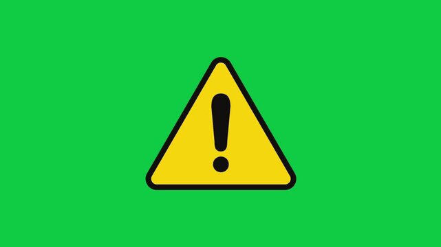 Yellow Caution Hazard Triangle Green Screen Animation. Animated flat line icon of a yellow triangle caution sign with an exclamation point on green screen.
