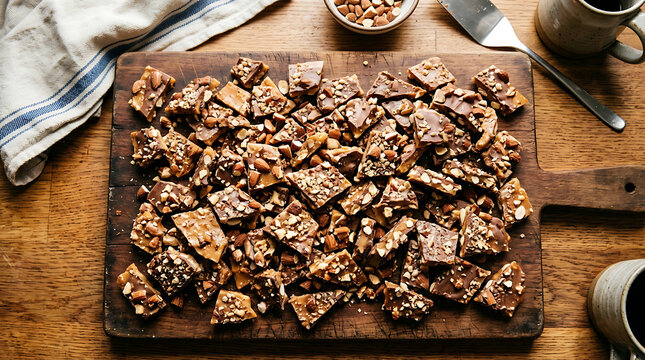 Generous pile of homemade almond chocolate toffee crunch candy pieces scattered on a rustic wooden board, a delightful sweet treat.