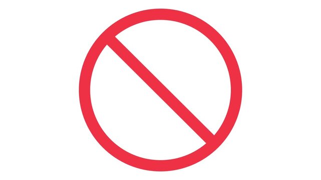 Animated Red Forbidden Warning Icon.Animated thick red circle with a diagonal slash indicating a strict prohibition, stop warning, or denied access signal.