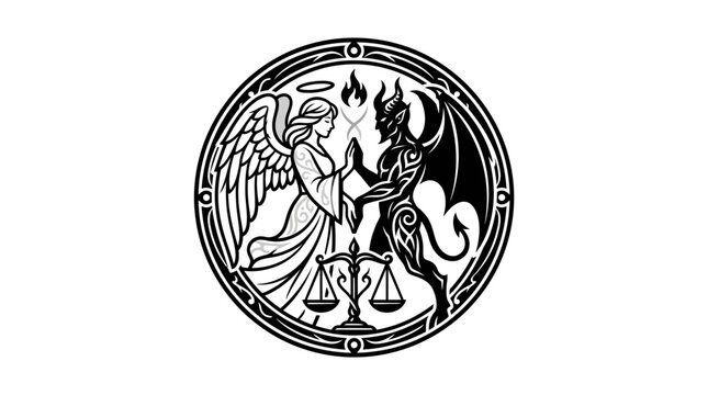 Angel and devil circular scales moral emblem.