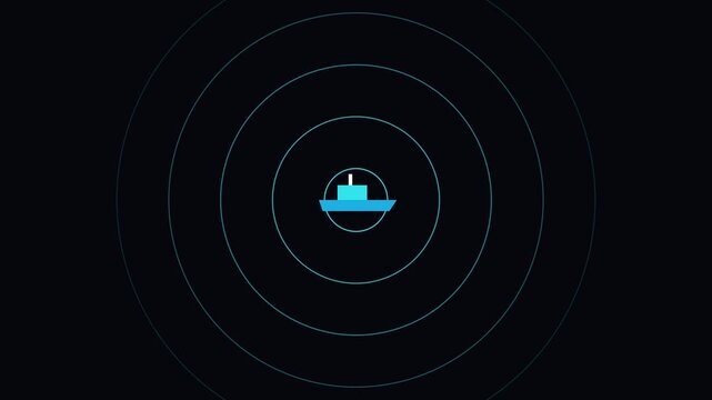 Minimalist ship radar animation with pulsing signal waves on dark 4k background, motion sonar