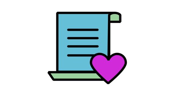 Document Scroll With Heart Icon Animation. Animated flat line icon of a blue document letter scroll with a pink heart symbol beside.
