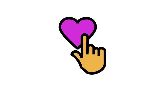 Hand Clicking Pink Heart Icon Animation. Animated flat line icon depicting a hand pointer finger pressing a floating pink love heart icon.
