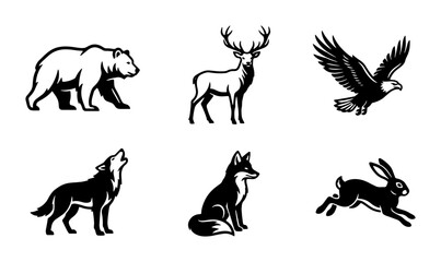 Obraz premium Wild Animal Icons Set: Bear, Deer, Eagle, Wolf, Fox, Rabbit Vector Graphics