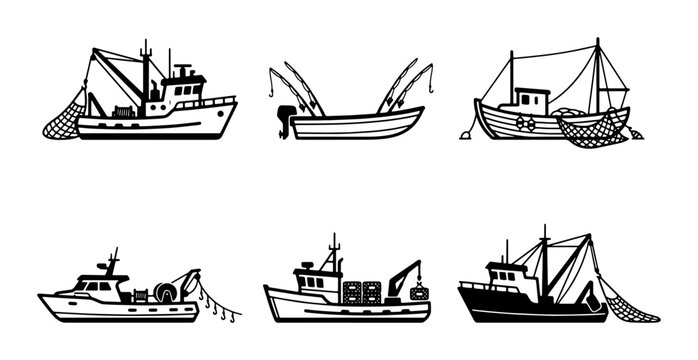 Fishing Boat Icons Set: Trawler, Cutter, Net Vessels, Marine Transport, Nautical Vector Graphics