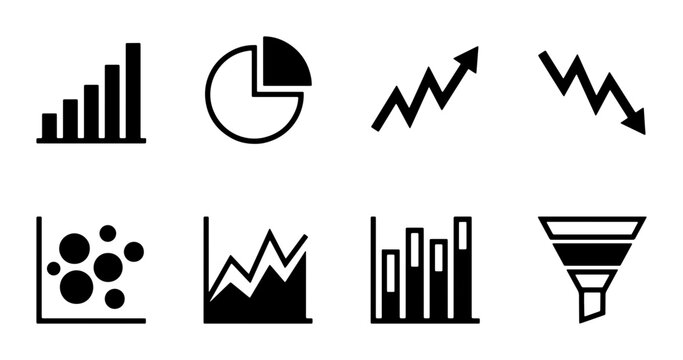 Business Analytics Icons: Bar Chart, Pie Chart, Trend Lines, Scatter Plot, Funnel, Data Visualization Set