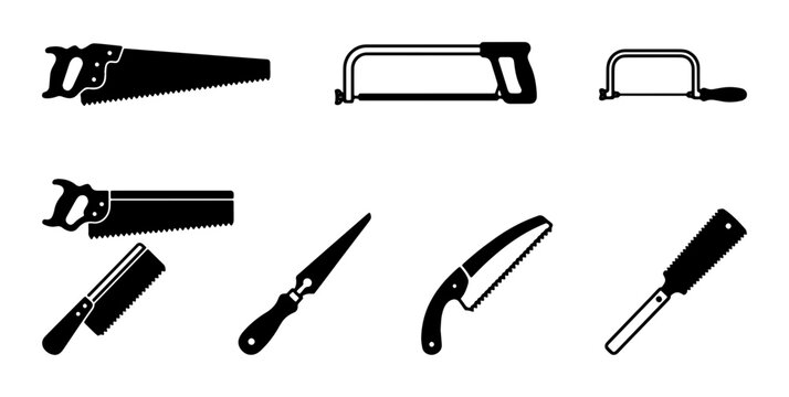 Collection of Black Saw and Blade Icons, Carpentry Tools, Metalworking Equipment, Handheld Cutting Implements