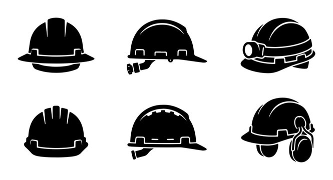 Safety Hard Hats Collection: Industrial Protective Headwear Icons, Construction Helmets, Mining Gear, Work Safety Equipment