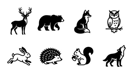 Fototapeta premium Forest Animals Vector Icons Set: Deer, Bear, Fox, Owl, Rabbit, Hedgehog, Squirrel, Wolf Graphics