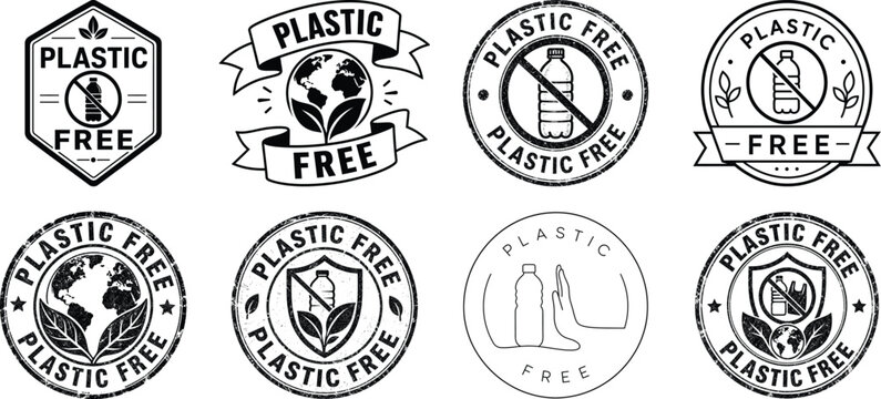 Plastic Free Badge Bundle SVG, Eco Friendly Stamp Set Vector, Zero Waste Logo Emblems Black and White, Packaging Seal Icons Pack