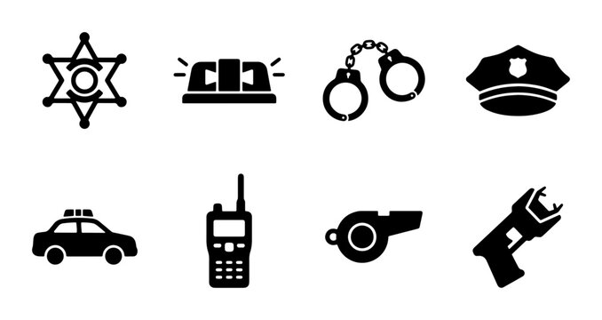 Police Icons Set: Sheriff Star, Siren, Handcuffs, Cap, Car, Radio, Whistle, Taser