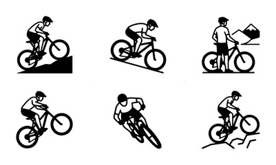 Obraz premium Mountain Biking Vector Icons: Extreme Sports, Downhill Cycling, Trail Riding, Action Silhouette Set