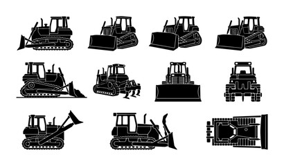 Bulldozer Vector Icons Set: Construction Equipment, Heavy Machinery, Earthmover, Industrial Vehicle Illustrations © Dulal