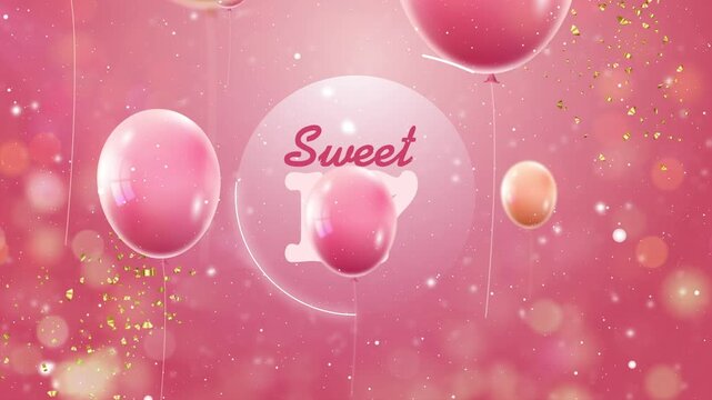 Sweet 17 Birthday Greeting Text Surrounded by Flying Pink Balloons and Golden Confetti