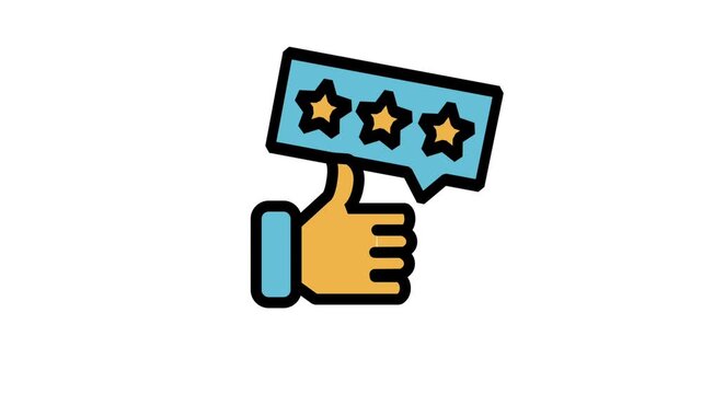 Thumbs Up With Three Stars Rating Animation. Animated flat line icon of a hand thumbs up gesture with three yellow rating review stars.