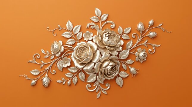 An elegant floral arrangement featuring roses and leaves with a golden metallic sheen on an orange background, symbolizing luxury and artistry