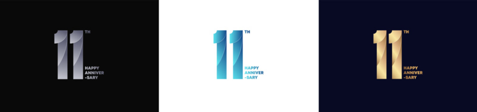 11th Logo Anniversary with abstract twist consept, Happy Anniversary with Colorful Gradient, Luxury Gold and Elegant Silver. Editable vector